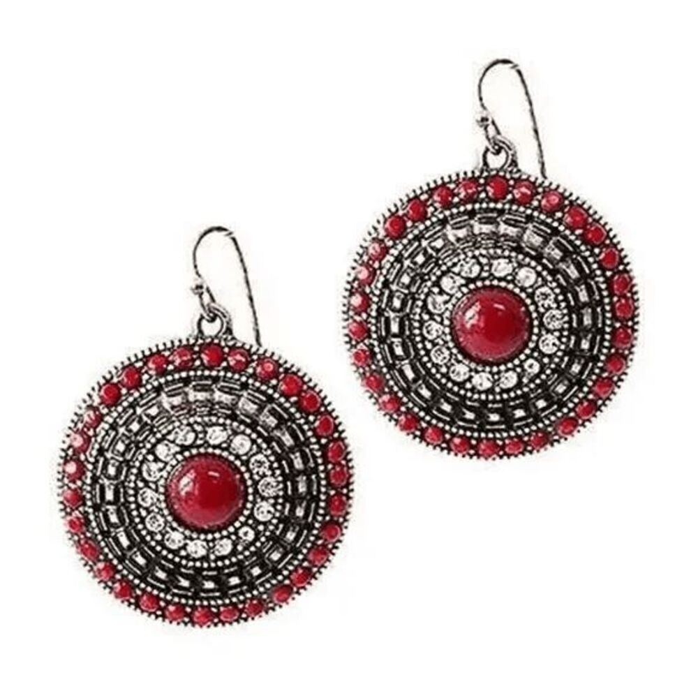 Red Aztec Round Earrings - Picture 3 of 3